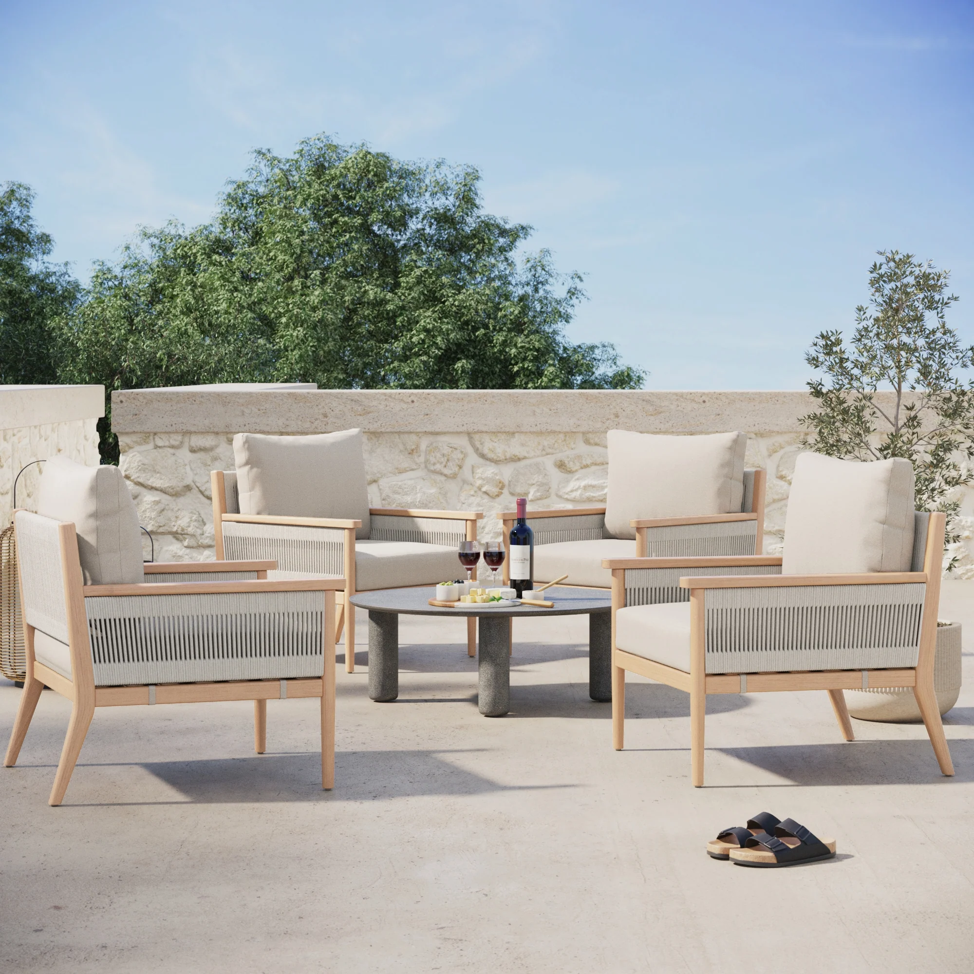 Outdoor Wood & Rope Patio Arm Chair Ash White - Image 2