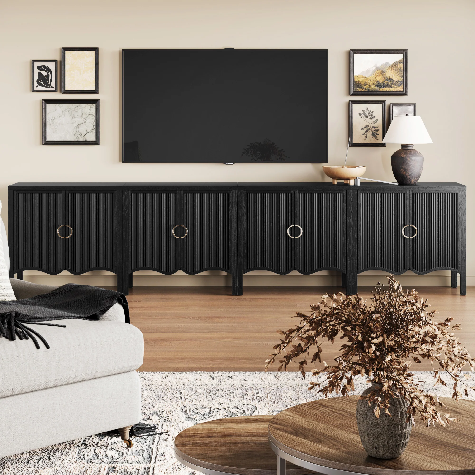 Wood Fluted Large Credenza Cabinet Black Oak (Set of 4) - Image 2