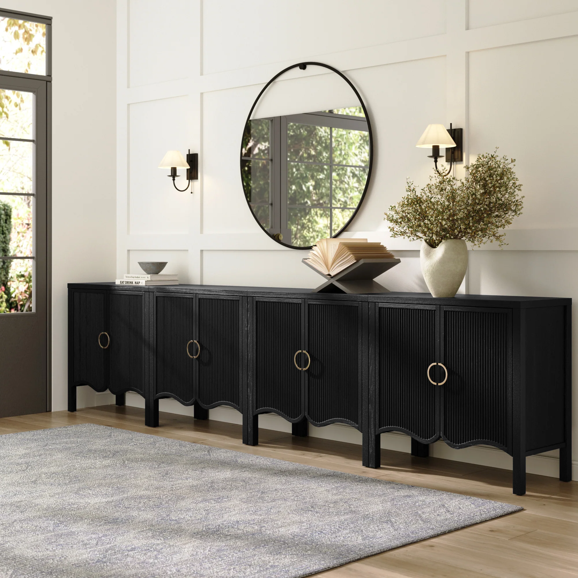 Wood Fluted Large Credenza Cabinet Black Oak (Set of 4)
