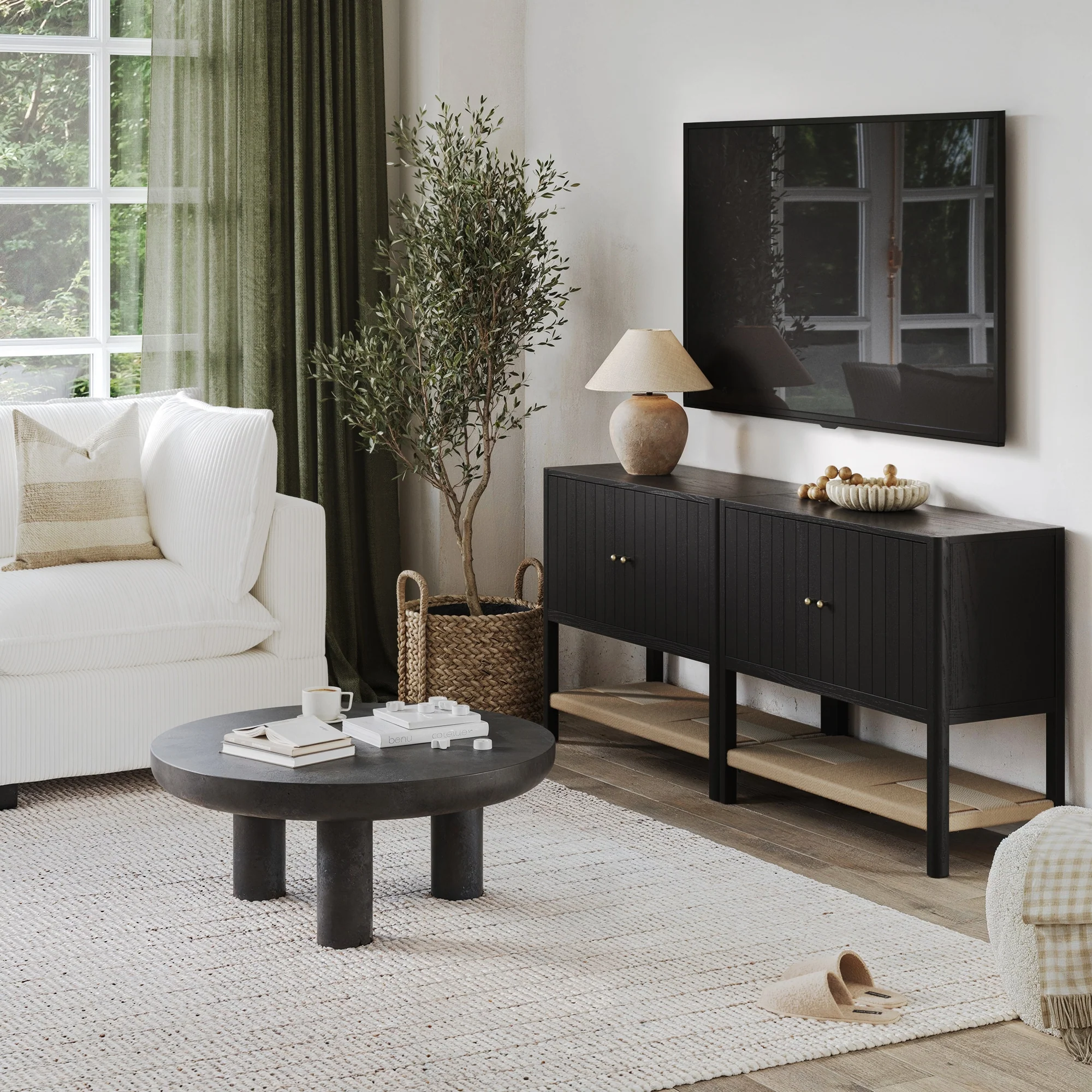 Grooved Door Storage Cabinet Credenza Black Oak (Set of 2) - Image 2