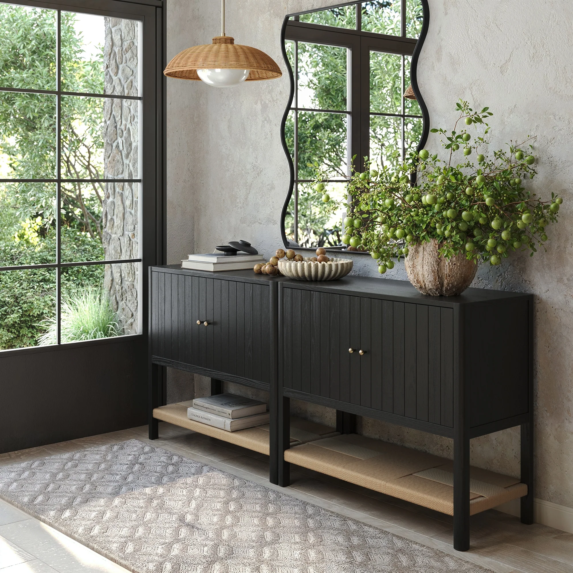 Grooved Door Storage Cabinet Credenza Black Oak (Set of 2)