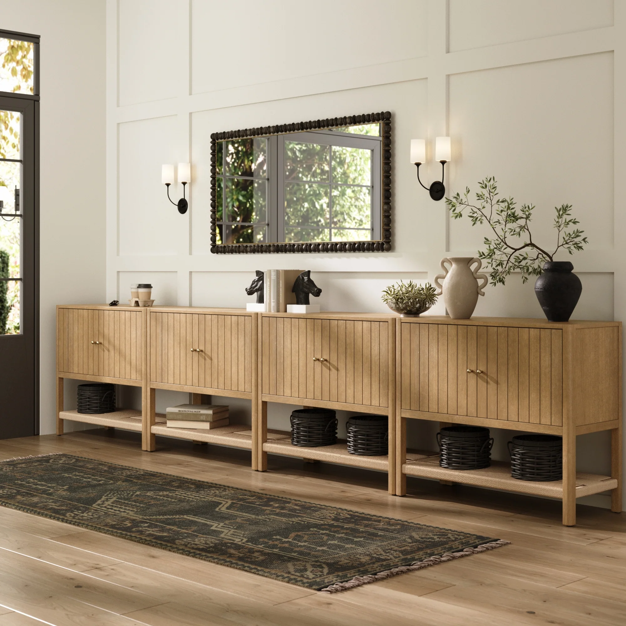 Grooved Door Credenza Storage Cabinet Light Brown (Set of 4)