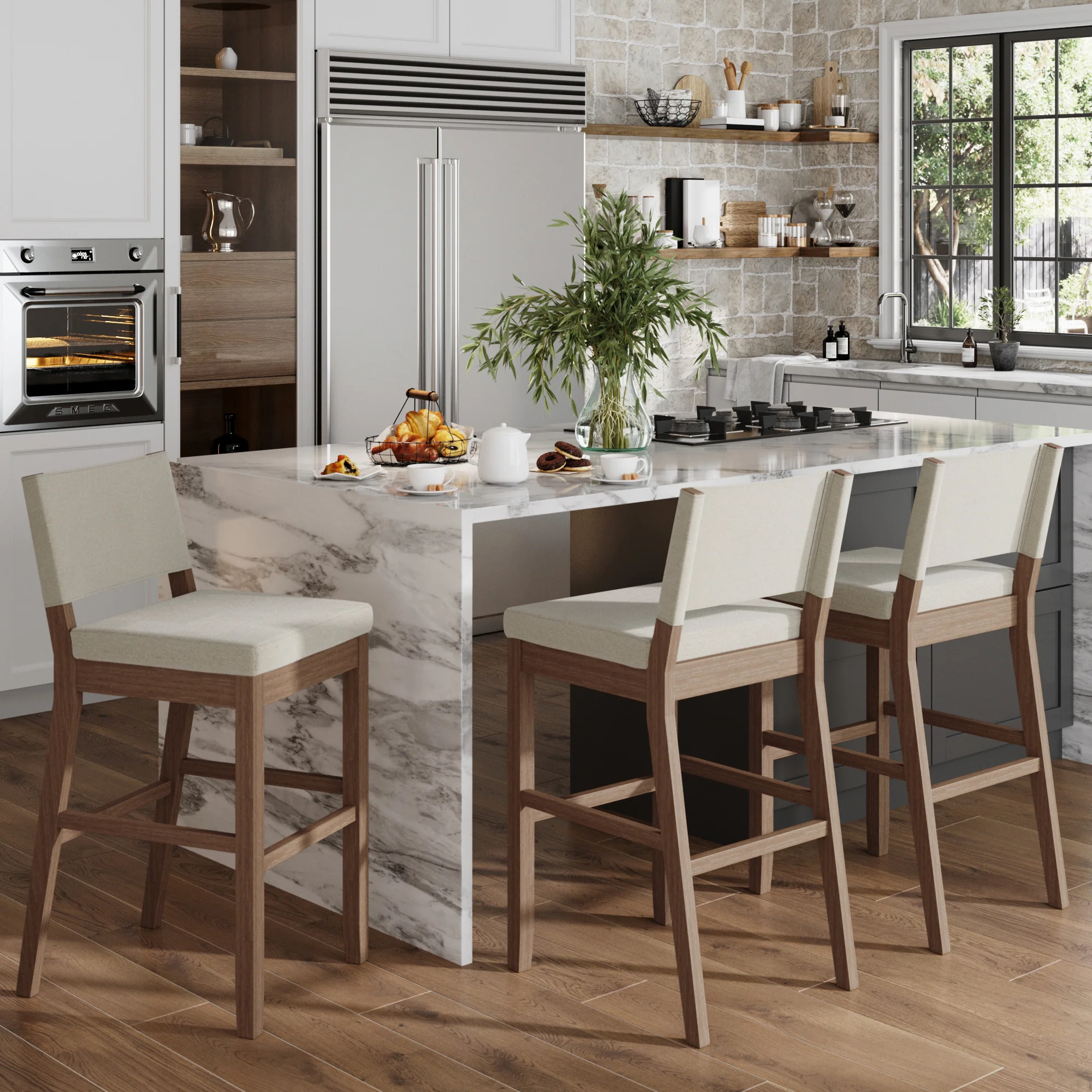 Wood Upholstered Bar Stools Light Brown (Set of 3) - Image 2