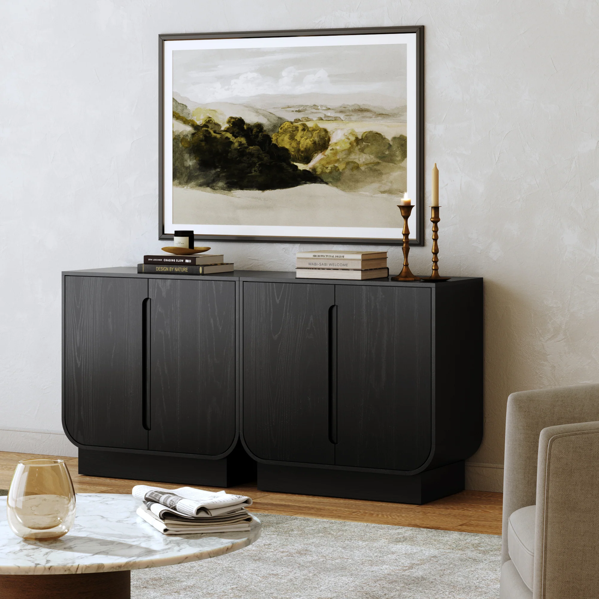 Wooden Arched Accent Cabinet or Kitchen Credenza Black Oak (Set of 2) - Image 2