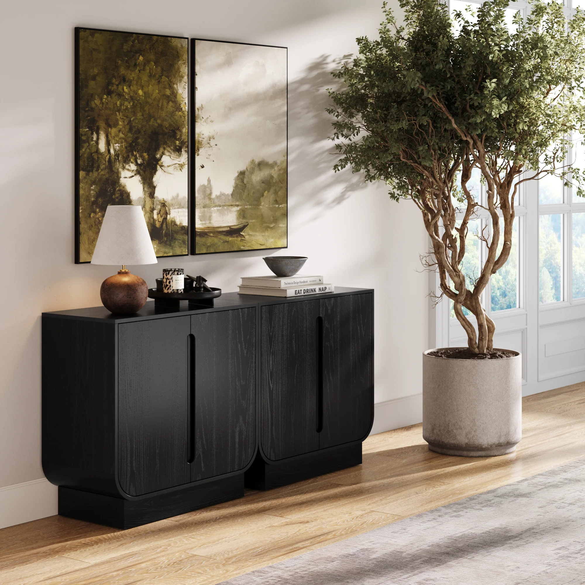 Wooden Arched Accent Cabinet or Kitchen Credenza Black Oak (Set of 2)