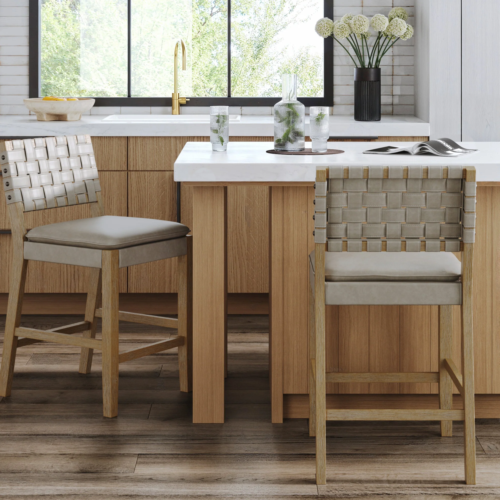 Woven Faux Leather Counter Height Bar Stool Gray Mahogany (Set of 2) - Image 2