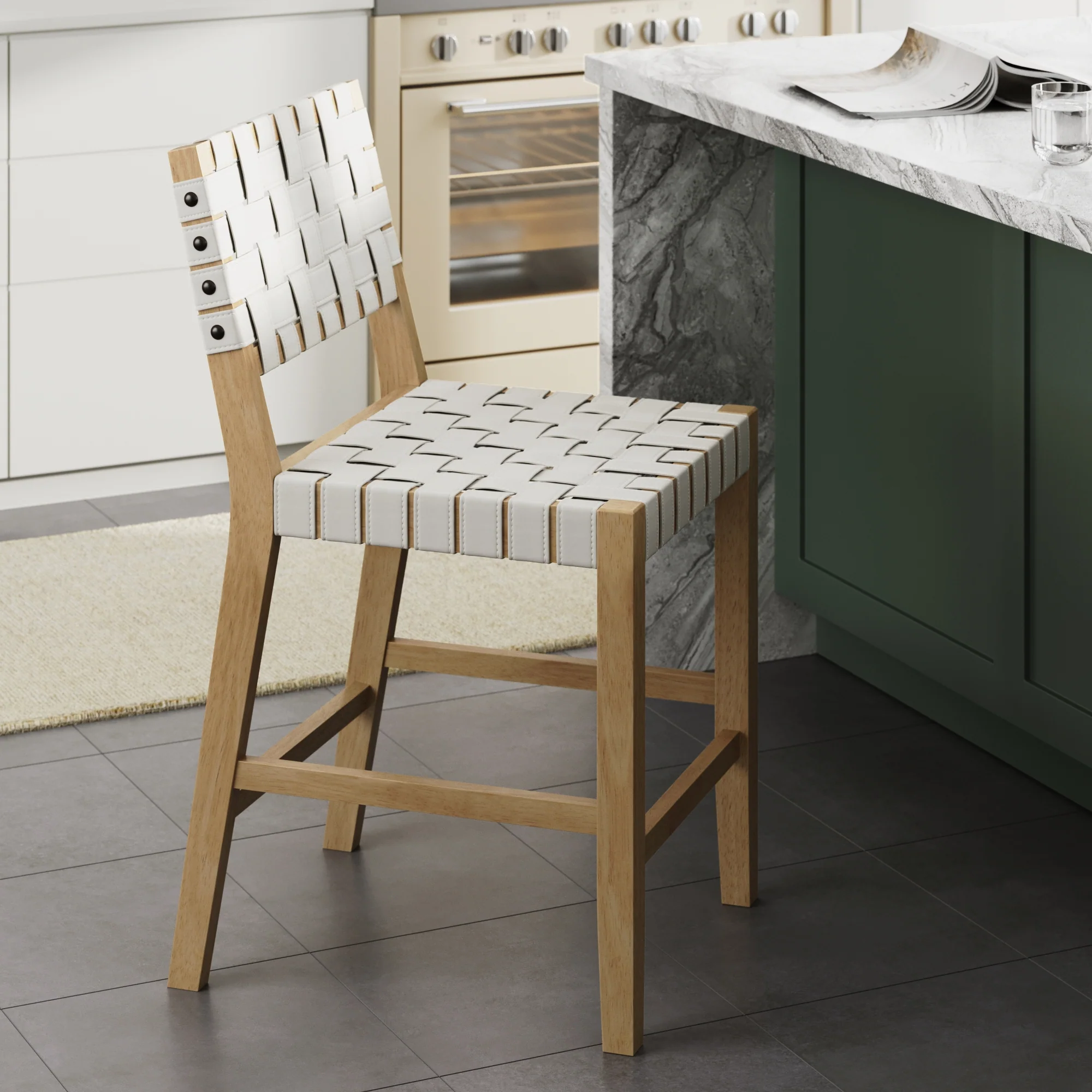Faux Leather Woven Counter Height Bar Stool Off White - Image 3